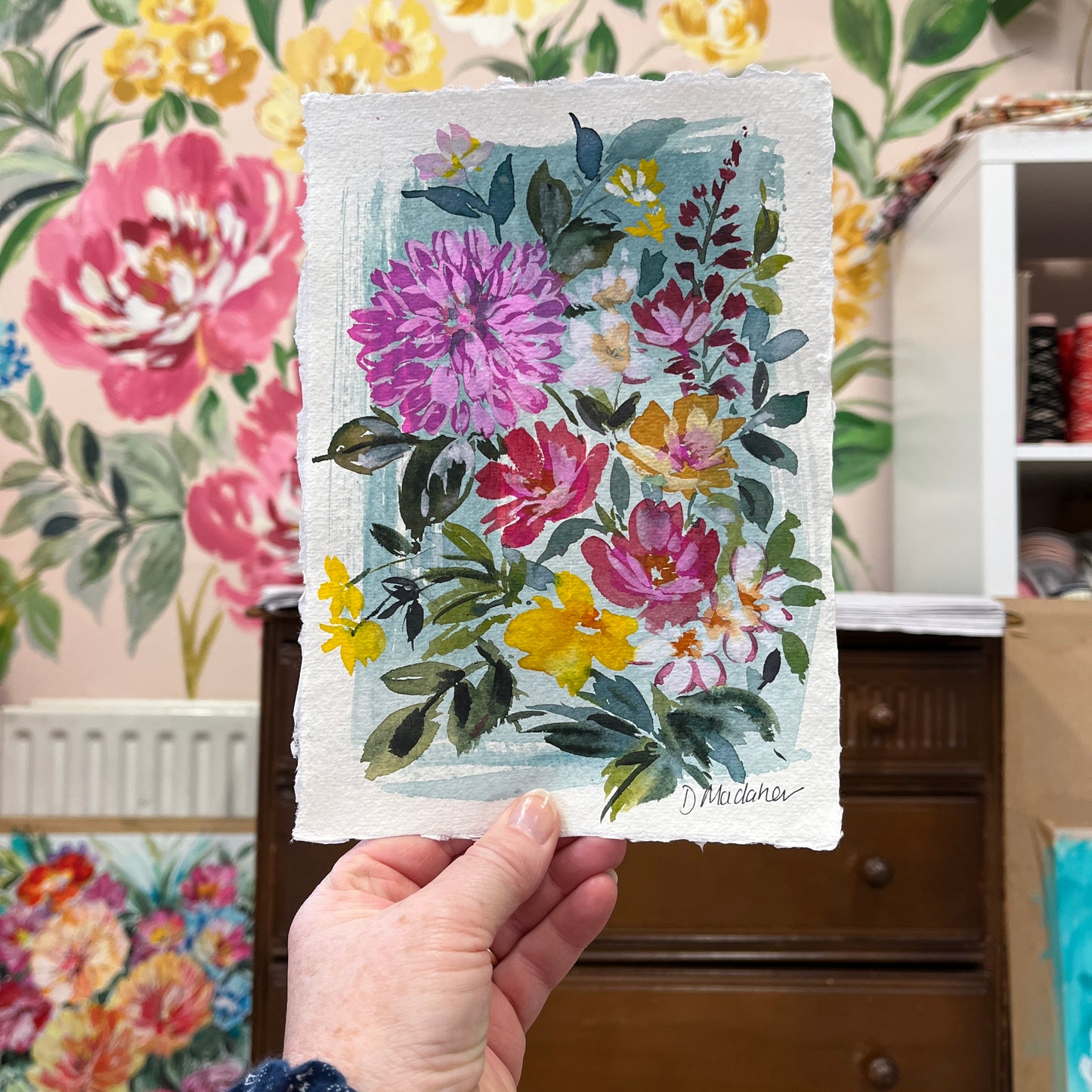 NEW** Blue wash floral original painting 2319