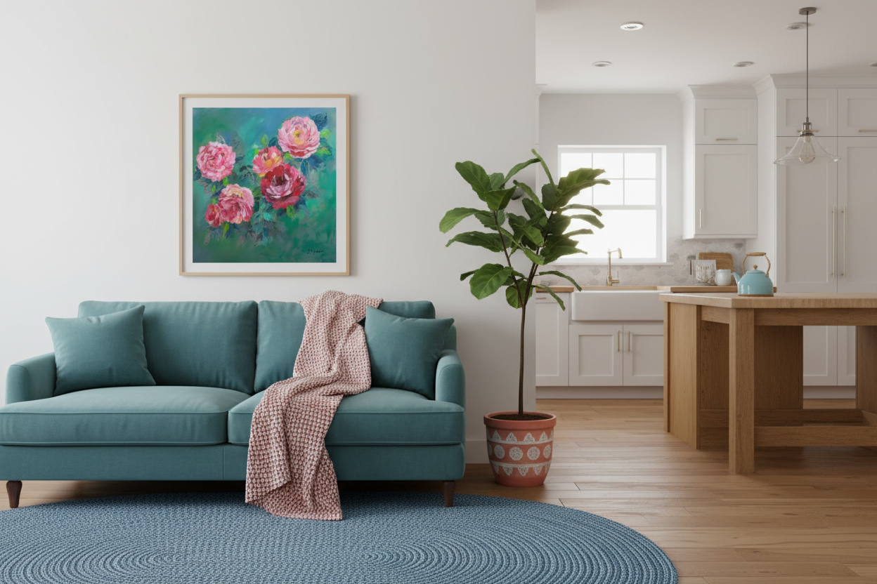 keep the picture as is and the couch and the teapot but add a plant