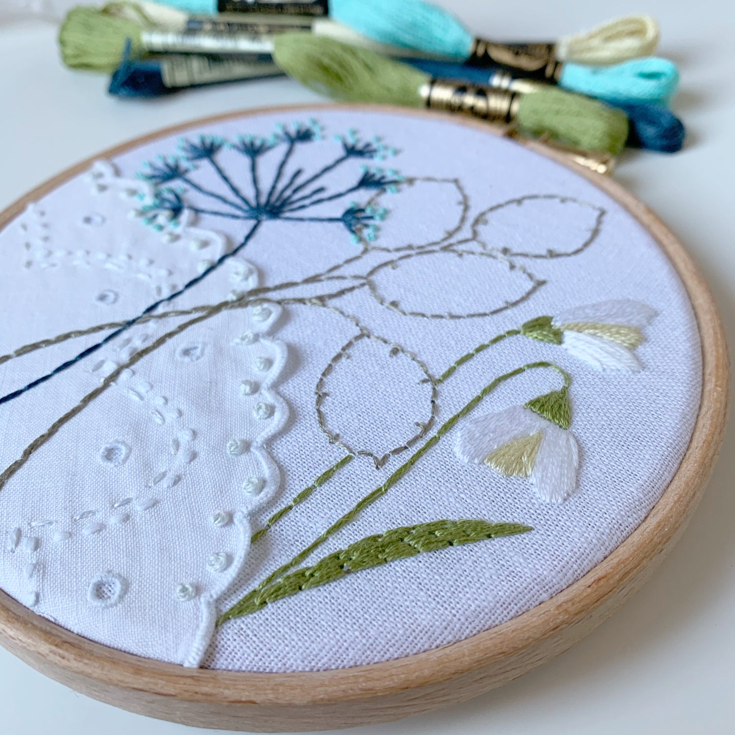 Snowdrop and honesty hand embroidery Art with lace.