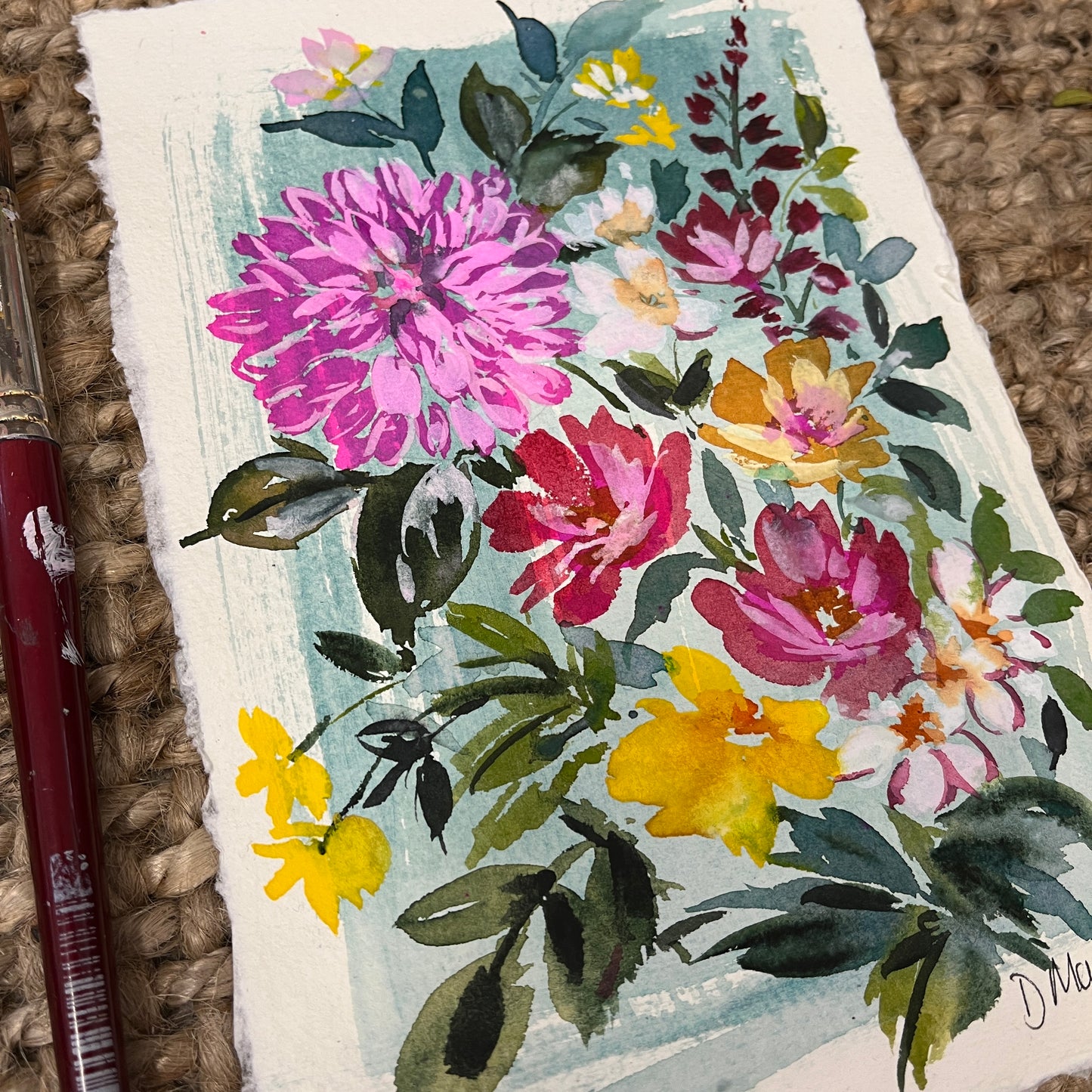 NEW** Blue wash floral  original painting 2319