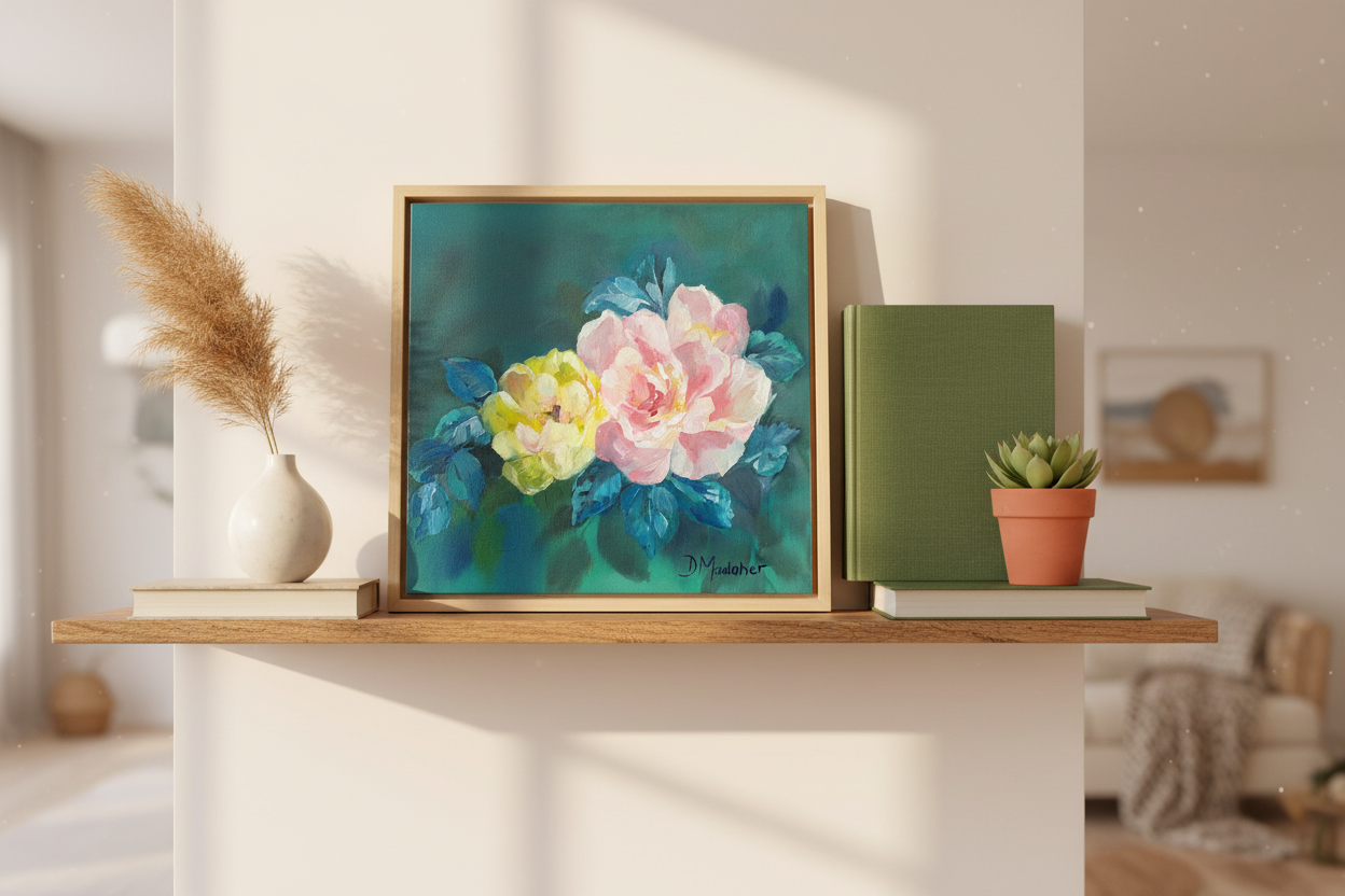 add my painting to replace the picture on the shelf  and do a close up shot