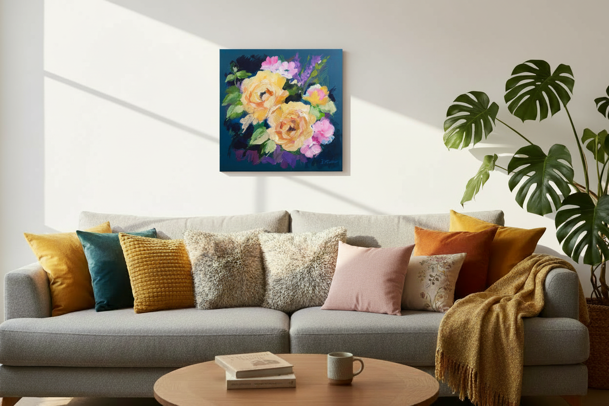 keep this picture as is but change the wall to a white colour and add a soft pink cushion on the couch