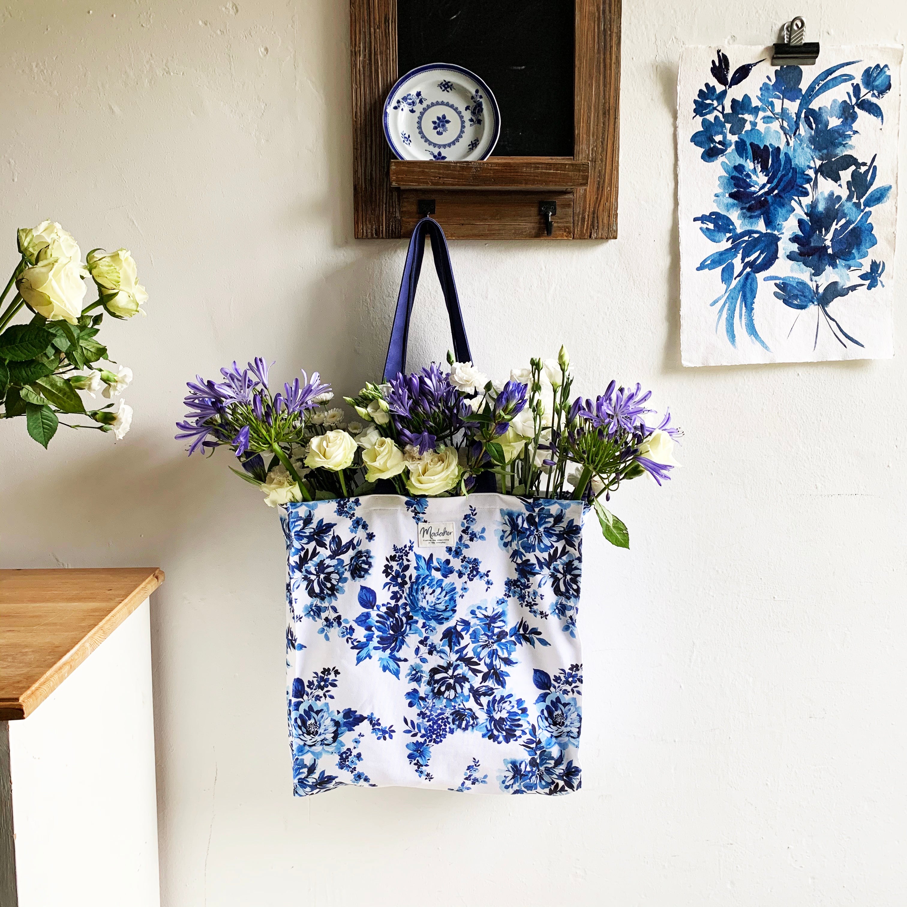 Indigo Floral Tote Bag- **FREE  UK POSTAGE