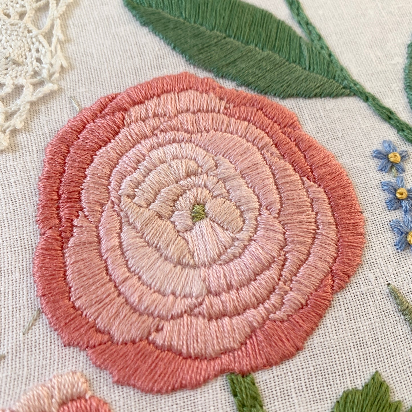 Original florals and insects hand embroidered hoop art.