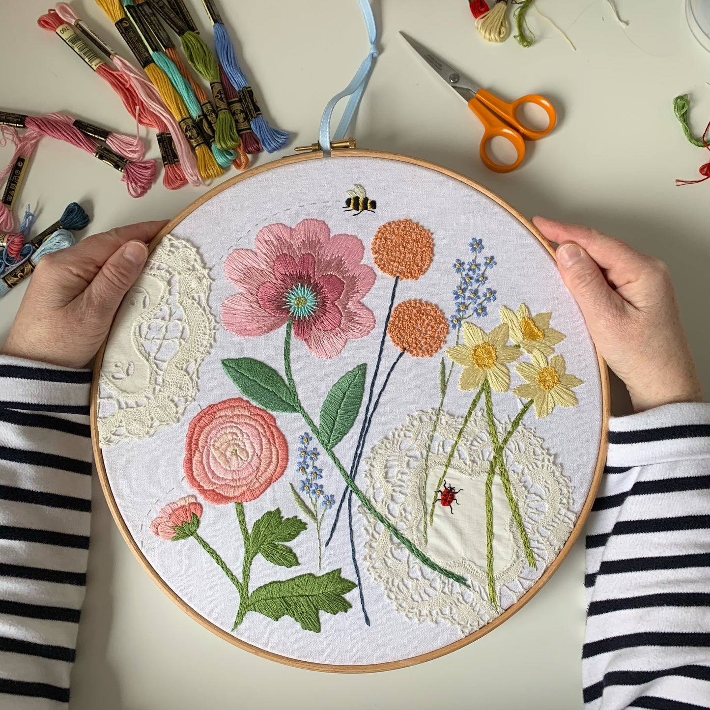 Original florals and insects hand embroidered hoop art.