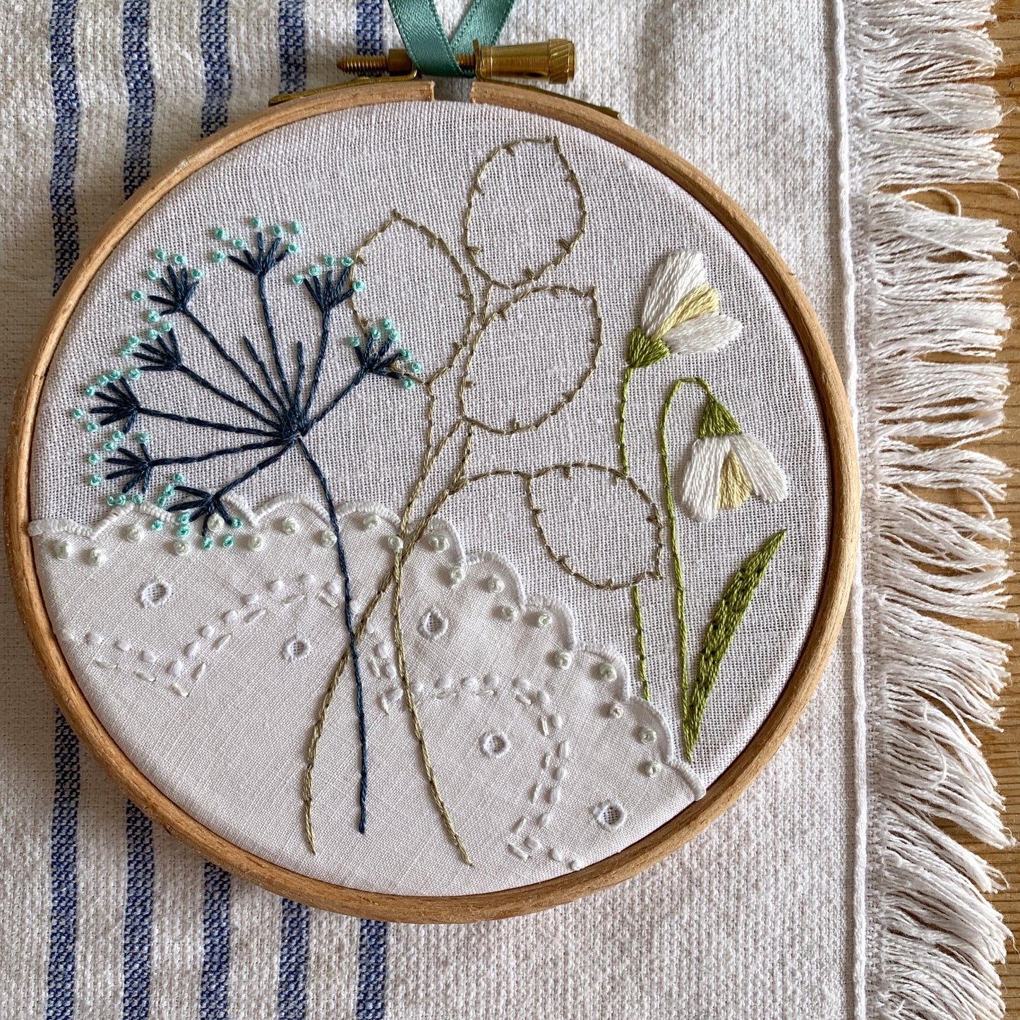 Snowdrop and honesty hand embroidery Art with lace.
