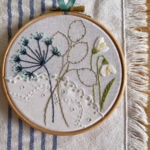 Snowdrop and honesty hand embroidery with lace.