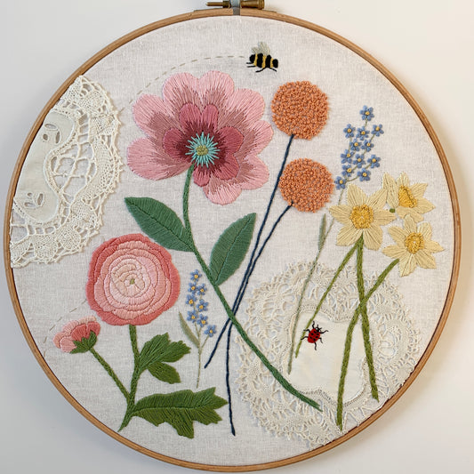 Original florals and insects hand embroidered hoop art.