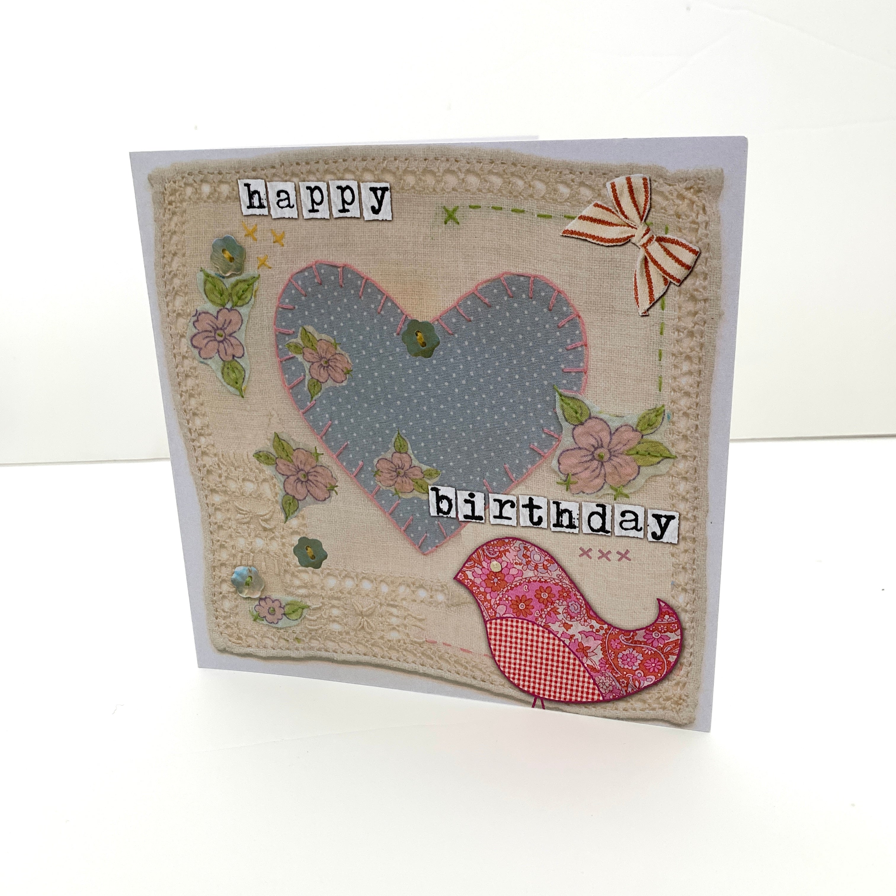 Happy birthday heart and bird greeting card