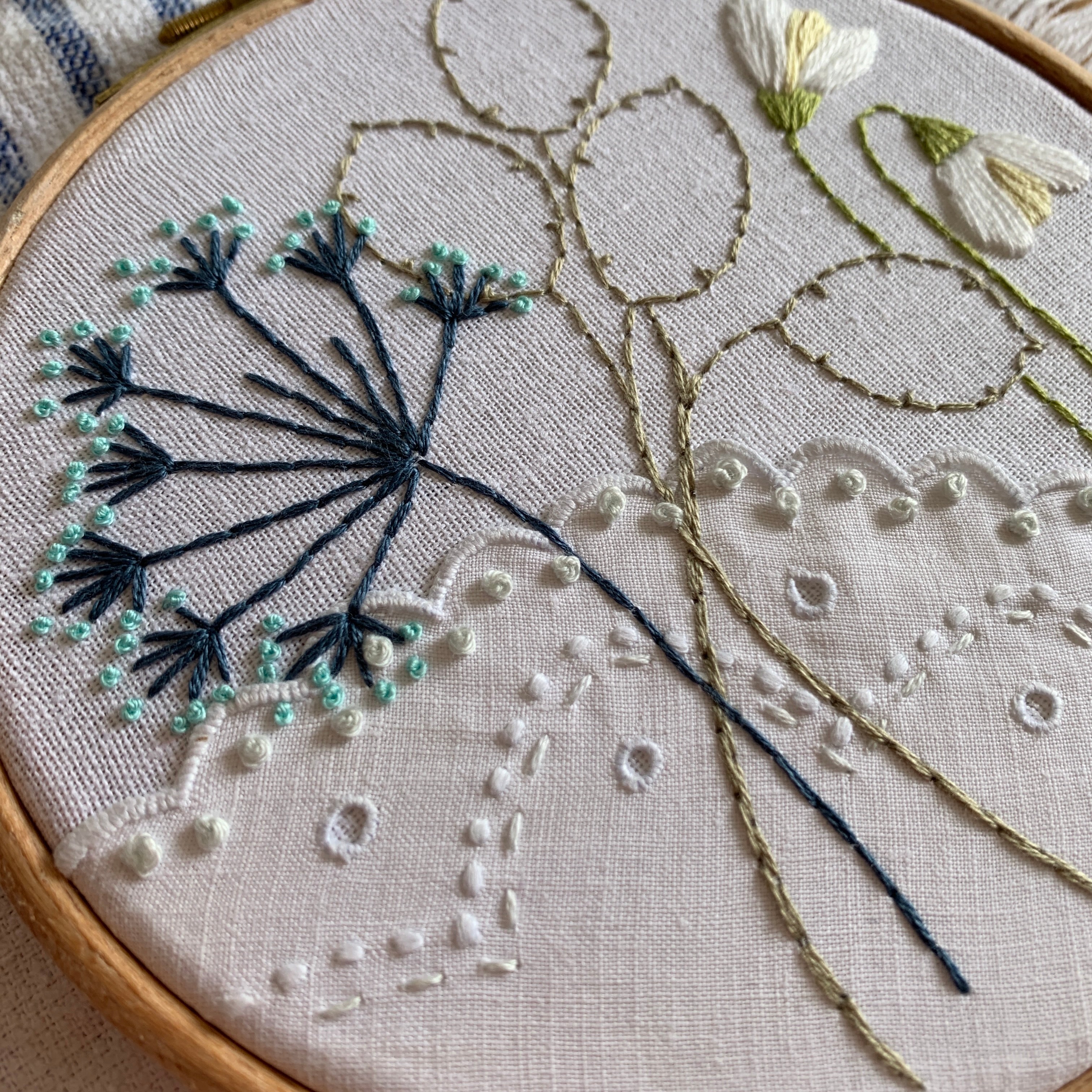 Snowdrop and honesty hand embroidery with lace.