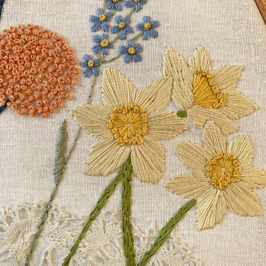 Original florals and insects hand embroidered hoop art.