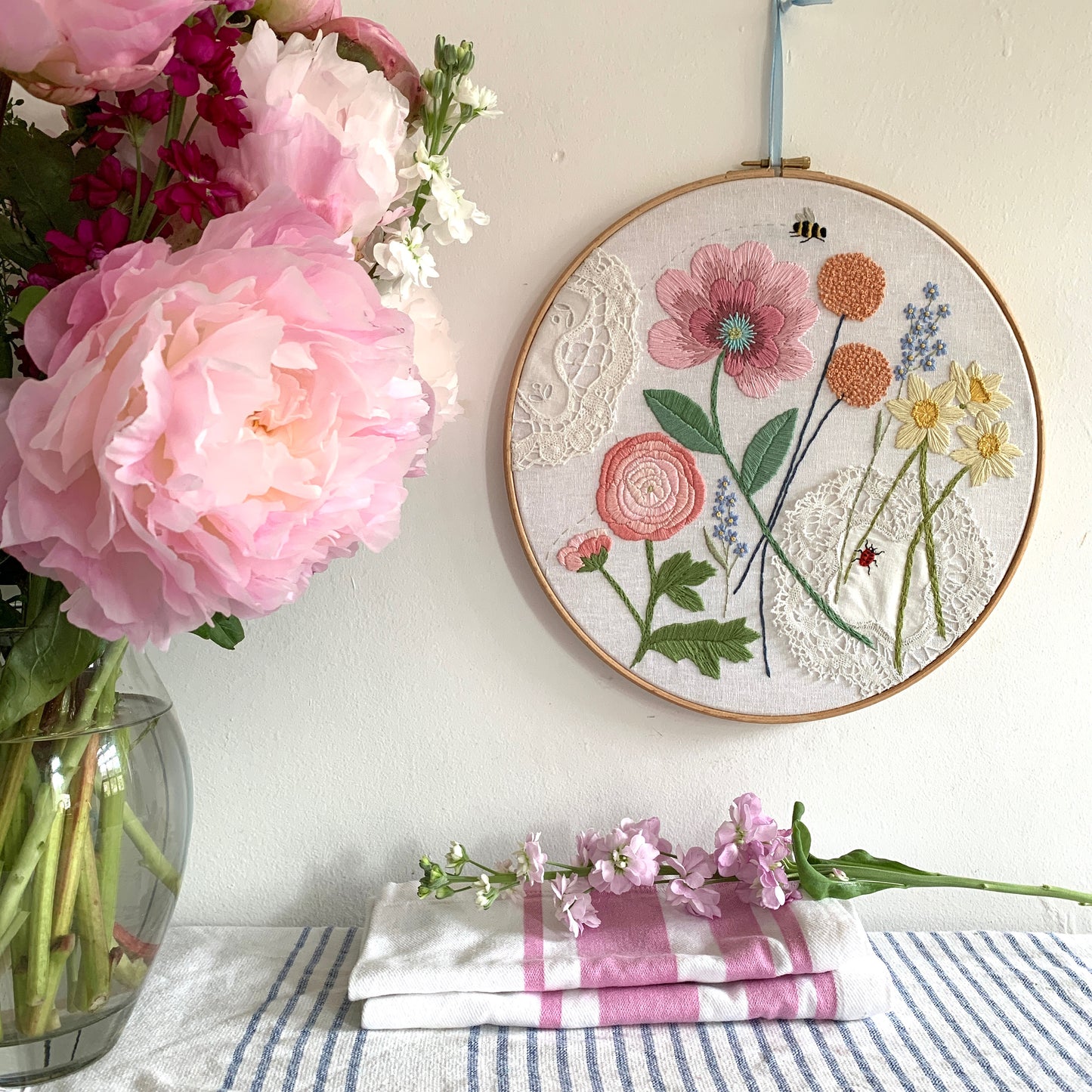 Original florals and insects hand embroidered hoop art.