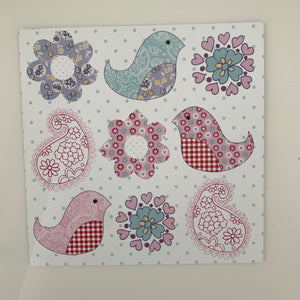 Greeting card with flower, bird and paisley.